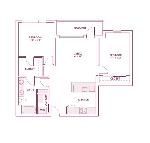 1009 square foot two bed one bath apartment floor plan in Beaverton, OR