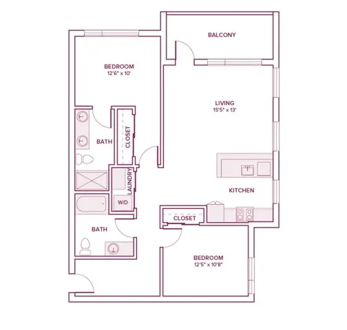 1030 square foot two bed two bath apartment floor plan in Beaverton, OR