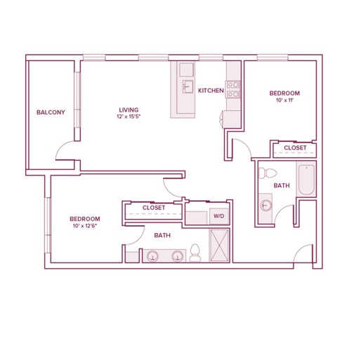 1077 square foot two bed two bath apartment floor plan in Beaverton, OR