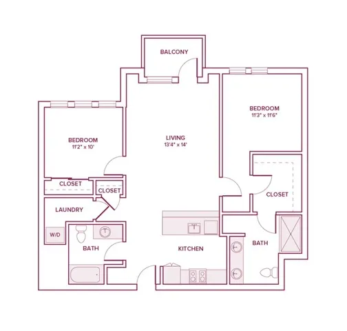 1097 square foot two bed two bath apartment floor plan in Beaverton, OR