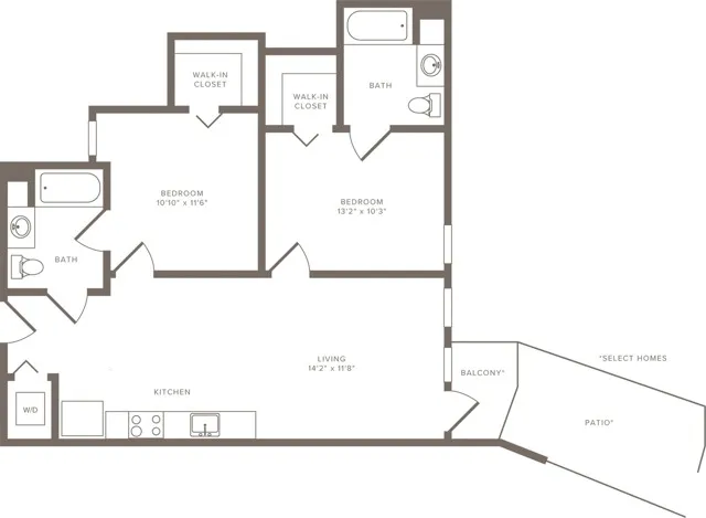 904 square foot two bedroom two bath floorplan image