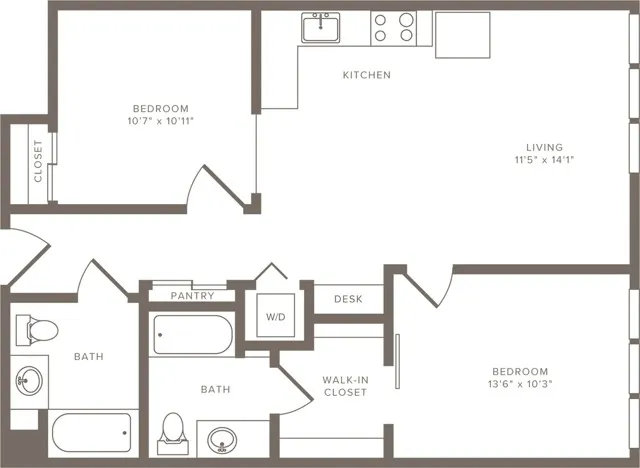 929 square foot two bedroom two bath floorplan image