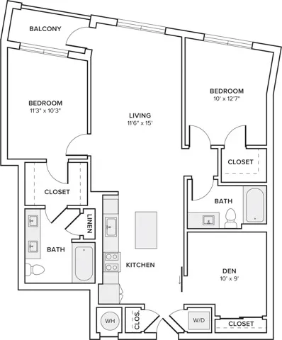 1094 square foot two bedroom two bath apartment with den floorplan image