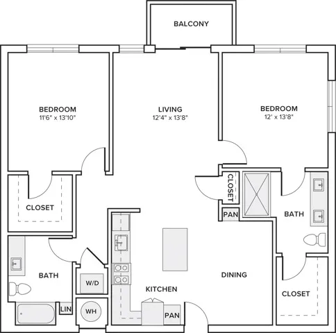 1173 square foot two bedroom two bath apartment floorplan image