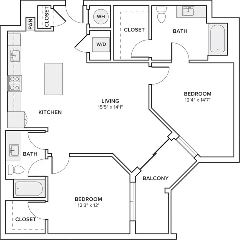 1090 square foot two bedroom two bath apartment floorplan image