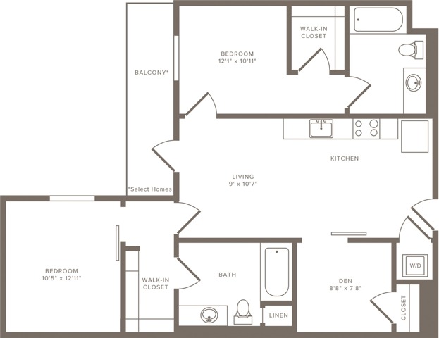 940 square foot two bedroom two bath floor plan