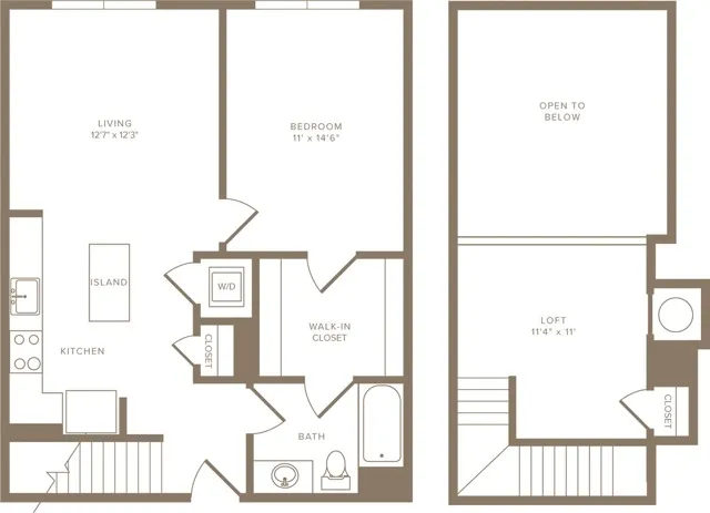 884 square foot one bedroom one bath loft apartment floorplan image