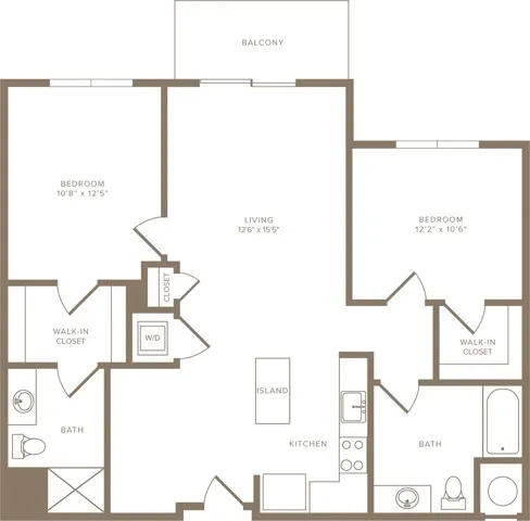 1125 square foot two bedroom two bath apartment floorplan image
