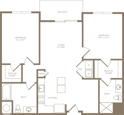 1165 to 1181 square foot two bedroom two bath apartment floorplan image