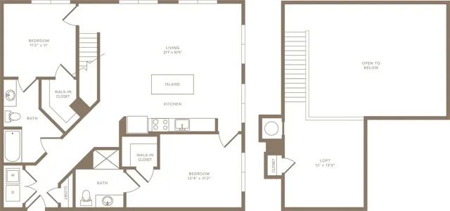 1376 to 1476 square foot two bedroom two bath loft apartment floorplan image