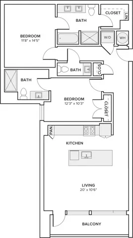 1,248 square foot two bedroom two bath floor plan image