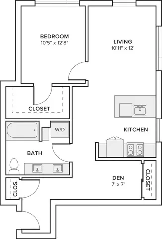 796  square foot one bed one bath with den floor plan in Seattle, WA