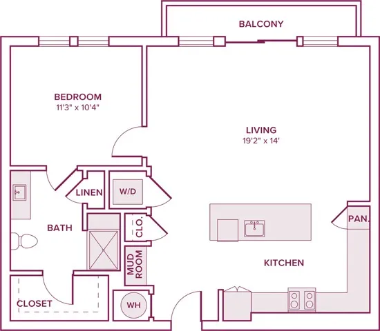 757 square foot one bedroom one bath apartment floor plan in Houston, TX