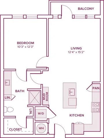 684 square foot one bedroom one bath apartment floor plan in Houston, TX