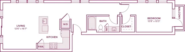 880 square foot one bedroom one bath apartment floor plan in Houston, TX