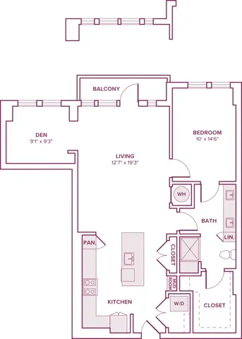 996 square foot one bedroom one bath with den apartment floor plan in Houston, TX