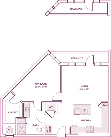 799 square foot one bedroom one bath apartment floor plan in Houston, TX
