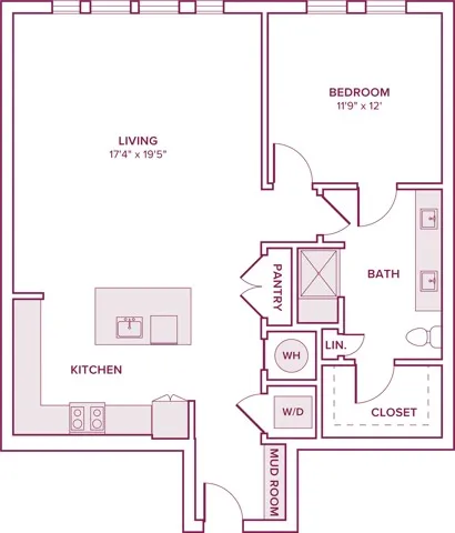 894 square foot one bedroom one bath apartment floor plan in Houston, TX
