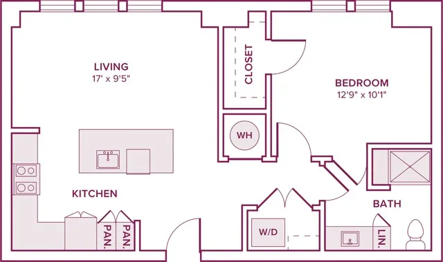 726 square foot one bedroom one bath apartment floor plan in Houston, TX