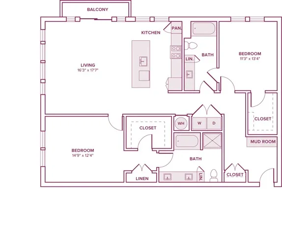 1398 square foot two bedroom two bath apartment floor plan in Houston, TX
