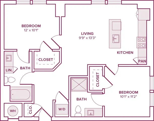 918 square foot two bedroom one bath apartment floor plan in Houston, TX