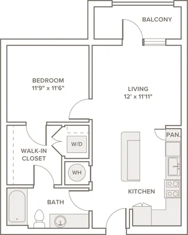 670 to 775 square foot one bedroom one bath apartment floorplan image