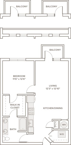 719 to 825 square foot one bedroom one bath apartment floorplan image