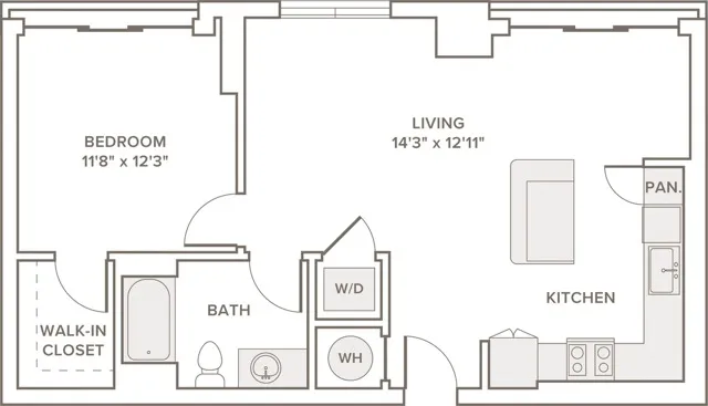 754 to 777 square foot one bedroom one bath apartment floorplan image
