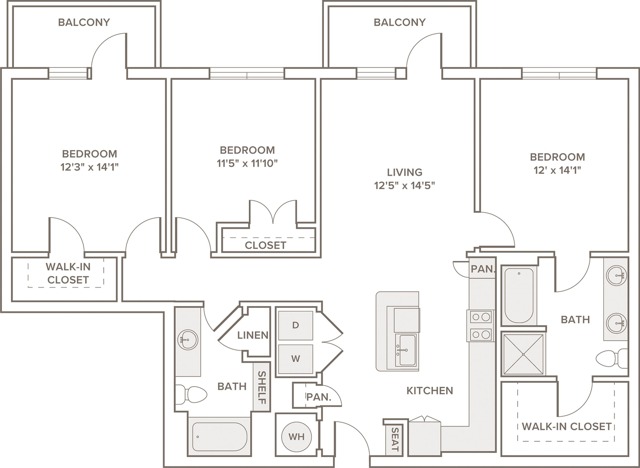 1394 square foot three bedroom two bath apartment floorplan image