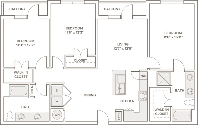 1425 to 1460 square foot three bedroom two bath apartment floorplan image