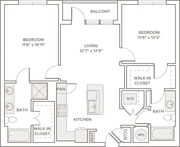 1090 to 1102 square foot two bedroom two bath apartment floorplan image