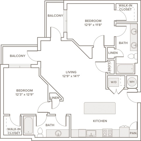 1122 to 1129 square foot two bedroom two bath apartment floorplan image
