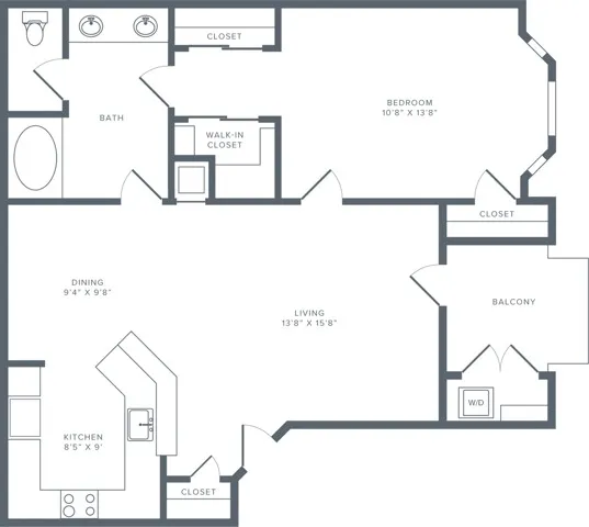 784 square foot one bedroom one bath apartment floorplan image
