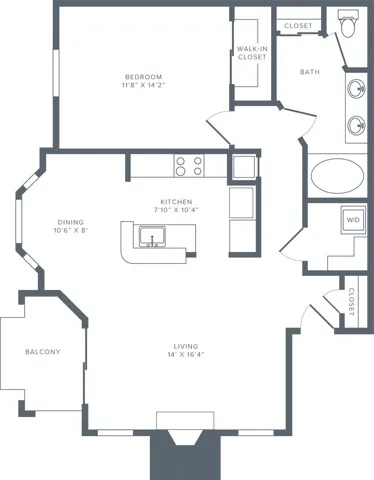 857 square foot one bedroom one bath apartment floorplan image