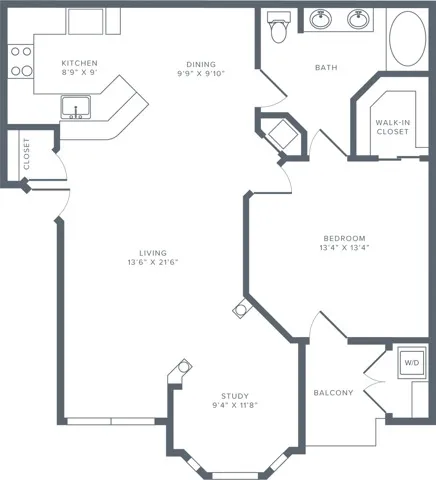 920 square foot one bedroom one bath apartment floorplan image