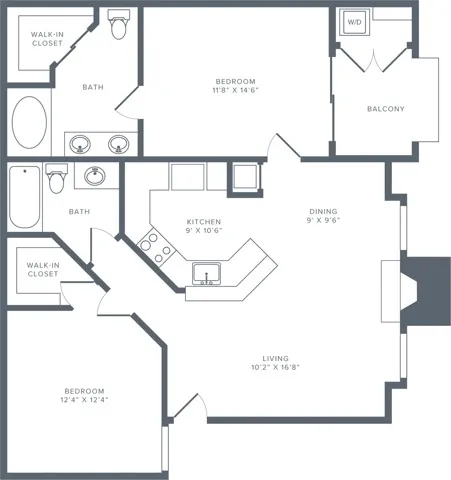 973 square foot two bedroom two bath apartment floorplan image