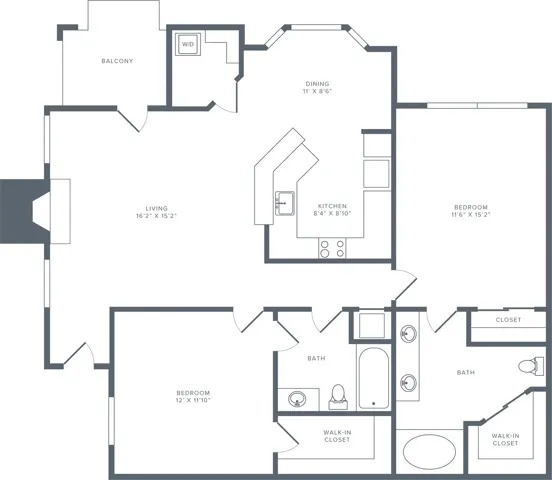 1123 square foot two bedroom two bath apartment floorplan image