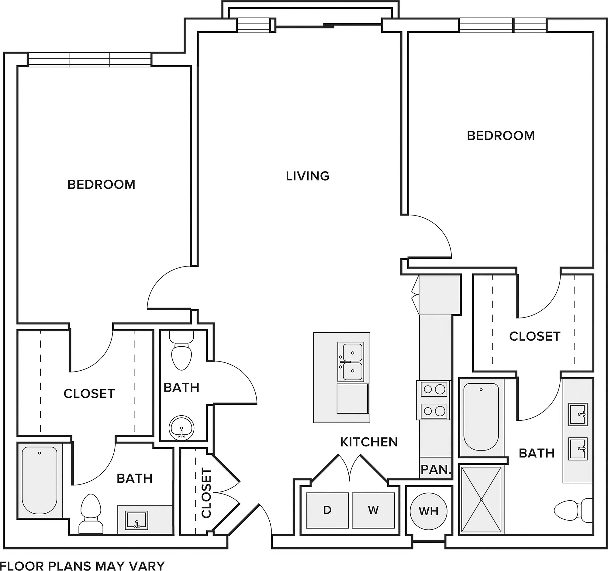 1172 square foot two bedroom two bath apartment floorplan image