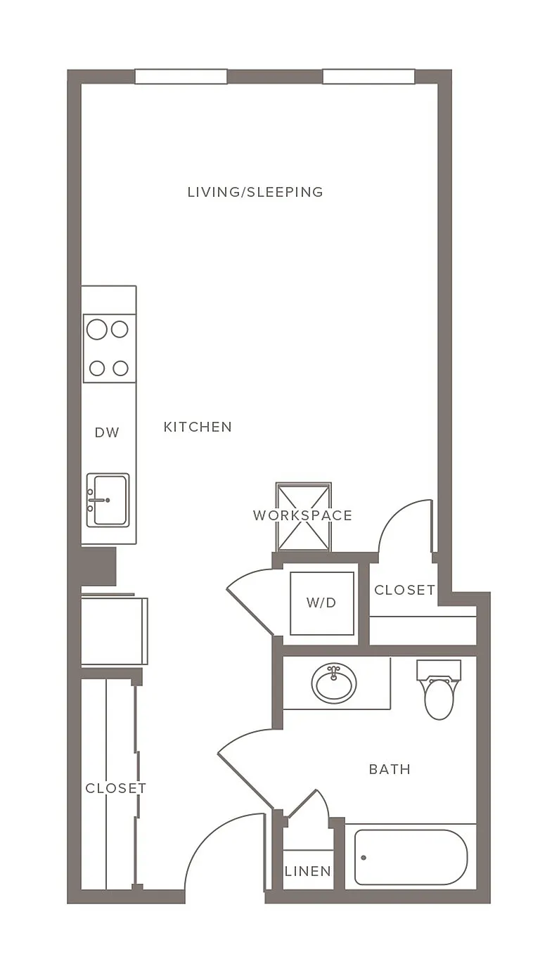 Chic studio apartment floor plan with open living/sleeping area, efficient kitchen, workspace, and modern bathroom.