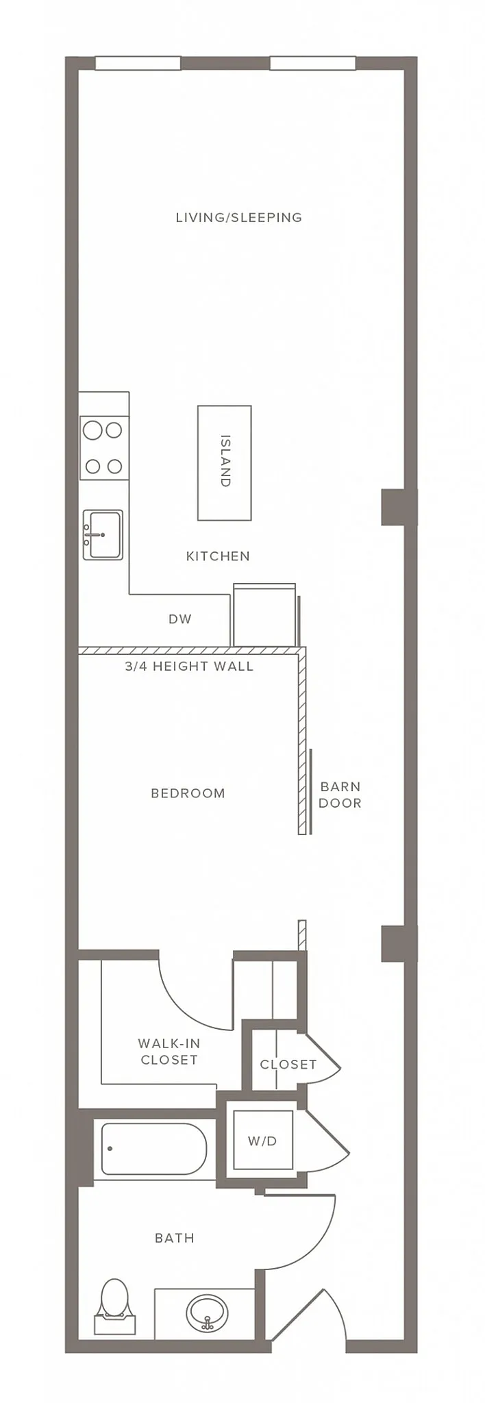 Modern studio apartment floor plan featuring a combined living and sleeping area, stylish kitchen with island, cozy bedroom with barn door, bathroom, and ample closet space.
