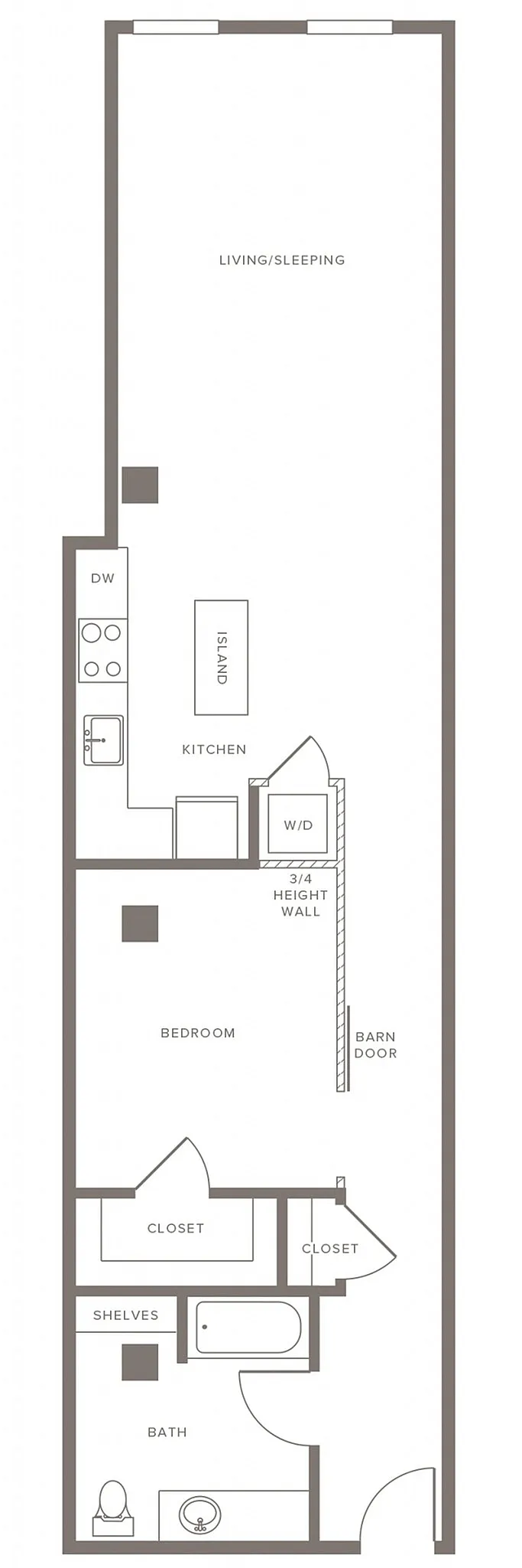 Modern apartment floor plan featuring open living/sleeping area, spacious kitchen with island, cozy bedroom with barn door, and contemporary bathroom layout.