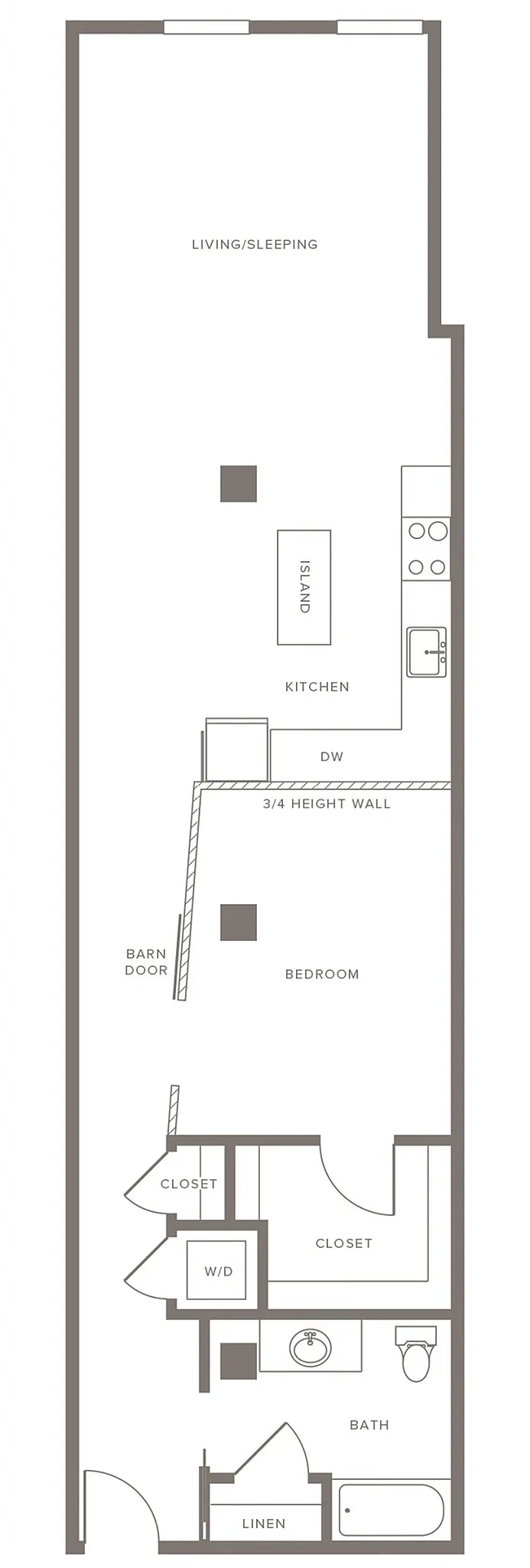 Chic studio floor plan featuring open living and sleeping area, modern kitchen with island, and spacious bathroom with ample storage.