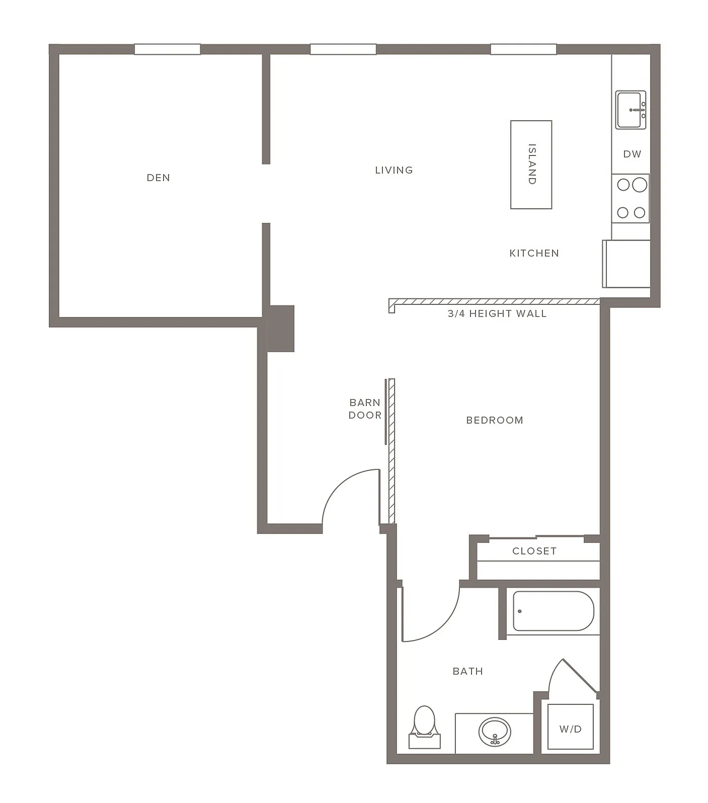 Modern open-concept floor plan featuring a spacious living area, stylish kitchen with island, cozy den, inviting bedroom with barn door, and a well-appointed bath.