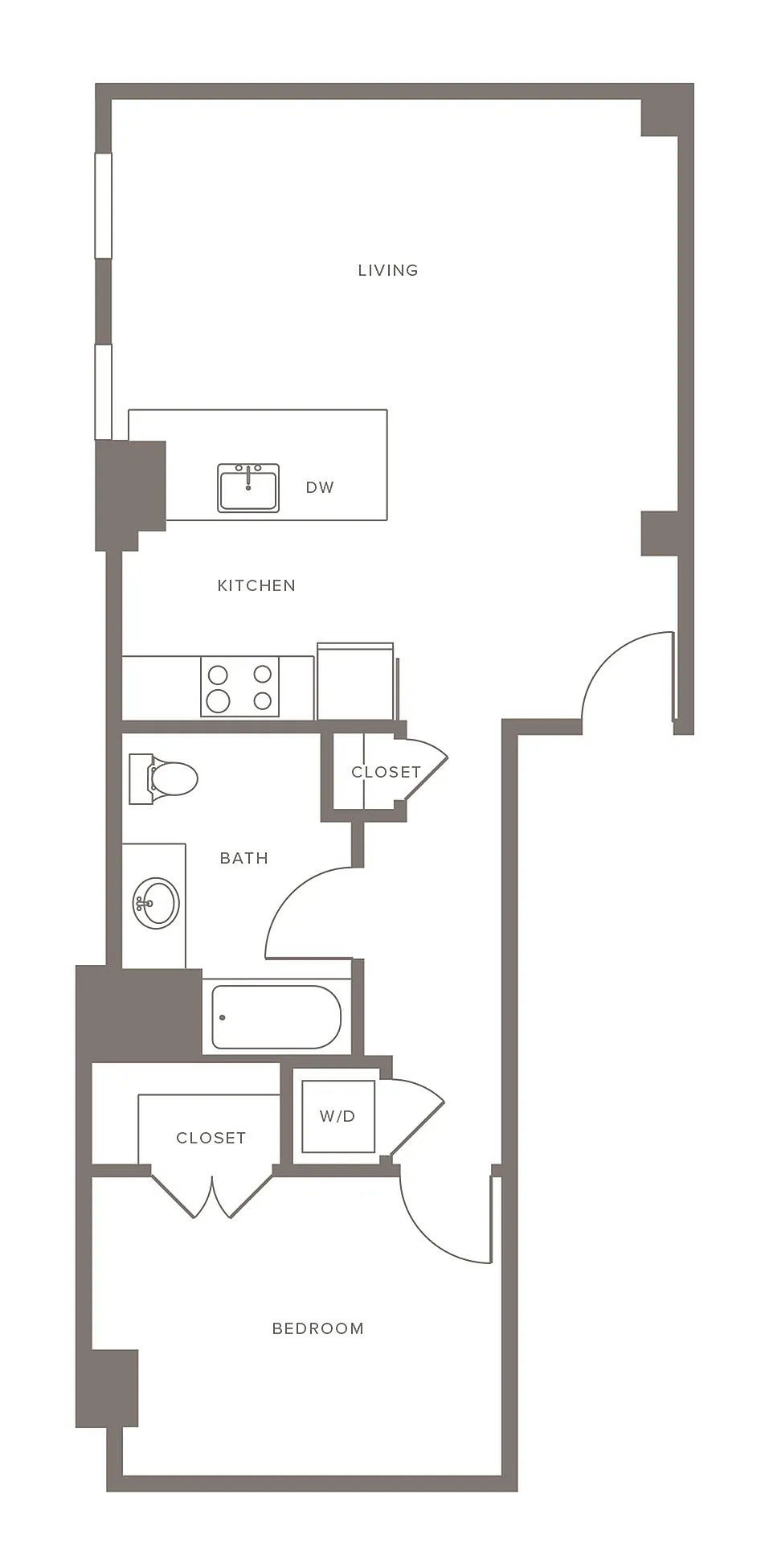 Modern floor plan with 1 bedroom, 1 bathroom, spacious living room, sleek kitchen, closets, and in-unit laundry.