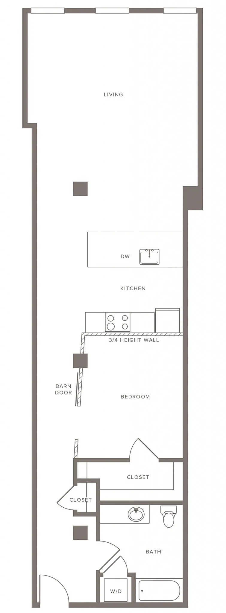 Modern apartment floor plan with open living space, kitchen, barn door bedroom, bathroom, and ample closet storage.