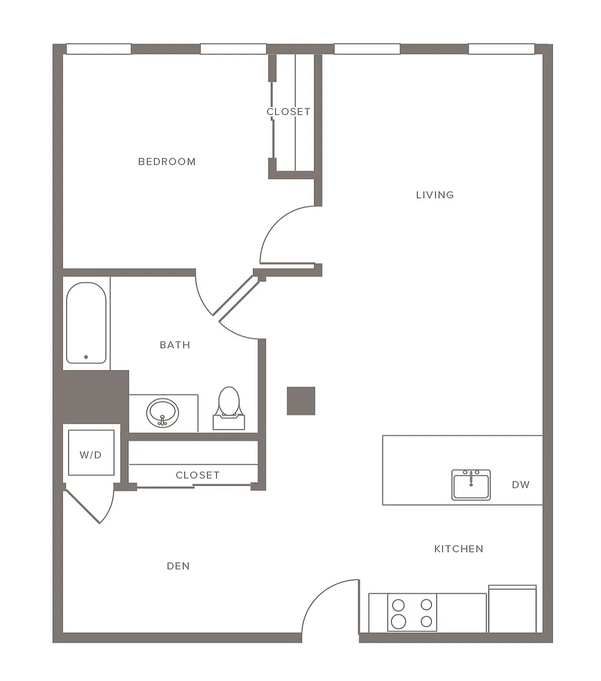Modern floor plan showcasing a spacious 1-bedroom apartment with a den, open living area, contemporary kitchen with island, and convenient bathroom layout.