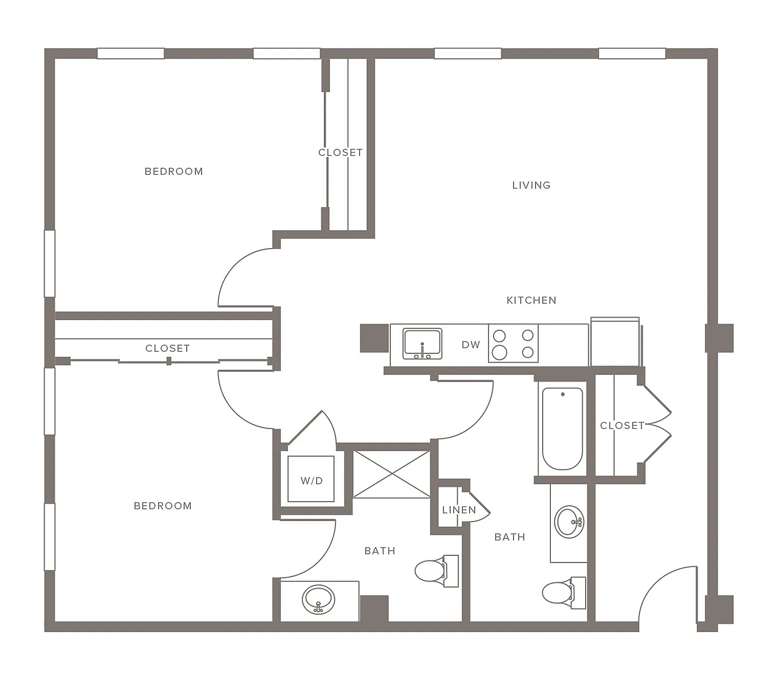 Elegant floor plan showcasing a spacious 2-bedroom apartment with modern kitchen, expansive living area, and two bathrooms.