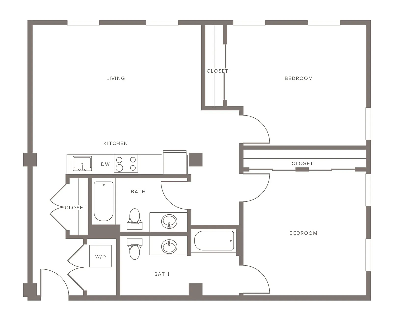 Bright and airy 2-bedroom floor plan featuring spacious living area, modern kitchen with dishwasher, and dual bathrooms.