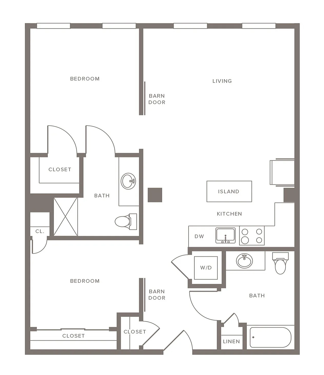 Modern floor plan showcasing 2 spacious bedrooms, elegant open-concept living area, and sleek kitchen with island.
