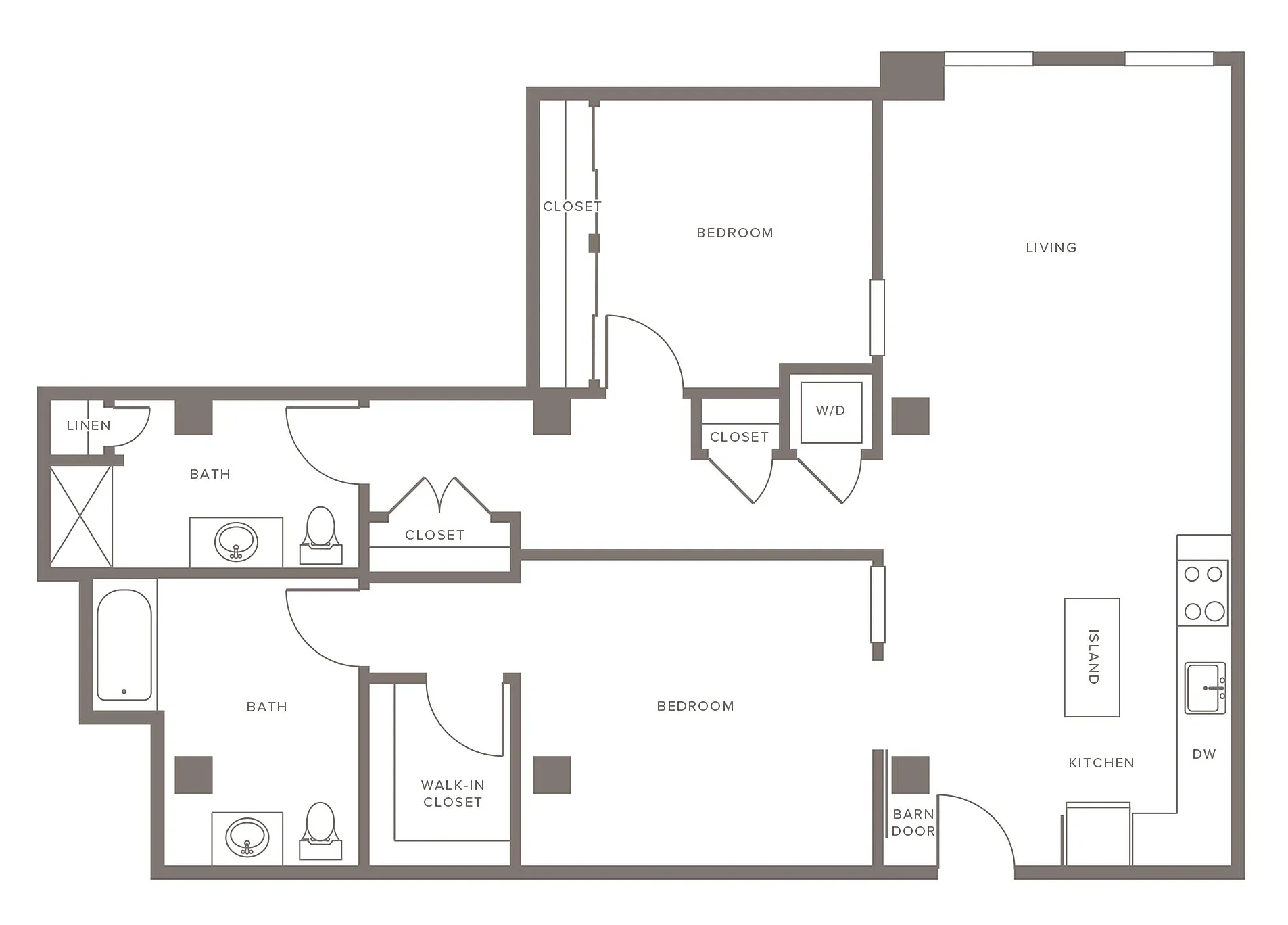 Elegant floor plan showcasing 2 bedrooms, 2 baths, spacious living area, and modern kitchen with island, ideal for comfortable living.